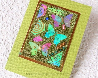 ACEO - original mixed-media art card Microbead Collage, Butterfly Theme