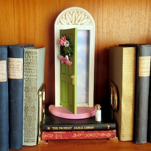 Fairy, Elf or Tooth Fairy Door, opens outward with sky inside, architectural detail and handmade wreath, fairy information sheet included