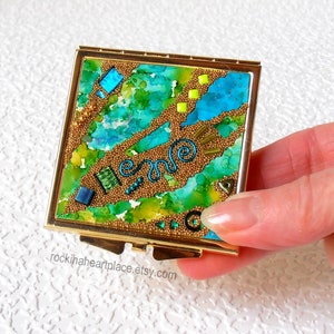 Gold Tone Compact Mirror: Handmade Mixed Media Collage, Blue & Green