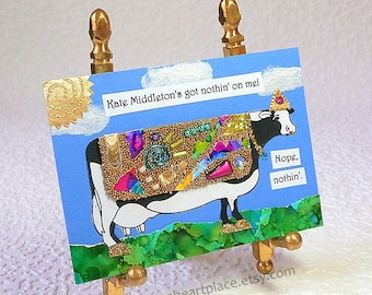 Cow Themed Original Art Card, ACEO, Mixed Media Collage, fashionista theme