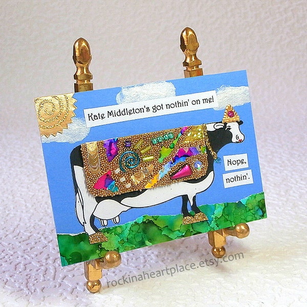 Cow Themed Original Art Card, ACEO, Mixed Media Collage, fashionista theme