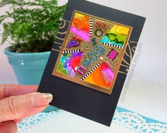 ACEO - original ART CARD, Abstract Microbead Collage in bright rainbow colors