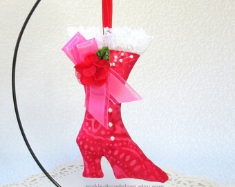 Doorknob Hanger or Tree Ornament, Victorian-Style Boot in red and pink batik, with ribbon, silk flower, and lace trim