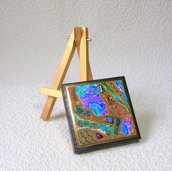 TEAL BLUE Hand Painted Wood Mini Easel 5 Tall for ACEO ATC Cards, BUY 1 OR  MORE