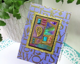 Original ART CARD (ACEO), Abstract Microbead Collage in purples and blues, 2.5" x 3.5"