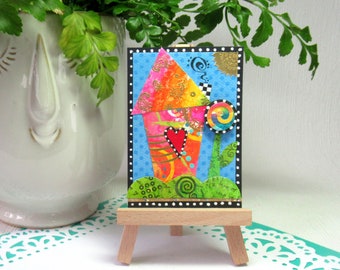 ACEO - original collage art card - home sweet home wonky house - original mixed-media art