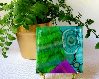 4"x4" Abstract Collage on Wooden Cradled Panel in shades of turquoise, green, magenta and gold