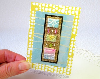 ACEO - Original Microbead Collage Art Card with polymer clay tiles in yellow, pink and aqua