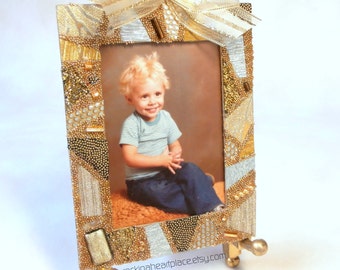 Picture Frame - Magnet on back - Microbead Collage in shades of gold and silver, school picture frame, ornament