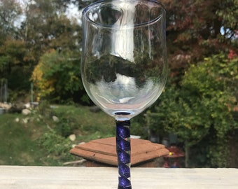 Homeblown Borosilicate Wine Glass with Spiral Dichroic Stem | Blue Rimmed Drinking Vessel with Dichroic Ribbon Stem