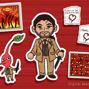 May include: Digital mock-up with cartoon illustrations of a man in a suit, a red Pikmin-like creature, and framed artwork with eyes and hands. Two notes read "Pickman was here. Find me if you dare" and "Thanks, Killer."
