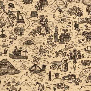 May include: A detailed black and white illustration of a fantasy map. The map features various structures, creatures, and landscapes, including buildings, a roller coaster, dinosaurs, and a rocket ship, all drawn in a whimsical style.