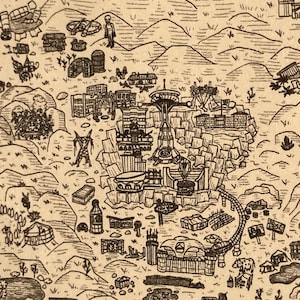 May include: Detailed black and white illustration of a fantasy map. The map depicts various structures, landscapes, and figures, including buildings, mountains, and a central tower. The style is reminiscent of a hand-drawn sketch.