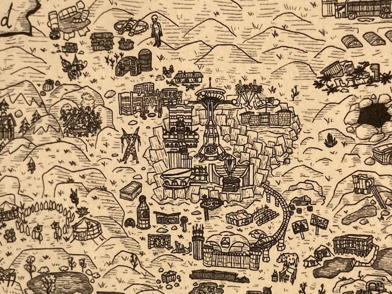 May include: Detailed black and white illustration of a fantasy map. The map depicts various structures, landscapes, and figures, including buildings, mountains, and a central tower. The style is reminiscent of a hand-drawn sketch.
