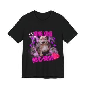 Könnte beinhalten: Schwarzes T-Shirt mit einem pinkfarbenen Motiv eines Affen mit dem Text "XING XING" und "我心爱的" in Pink.