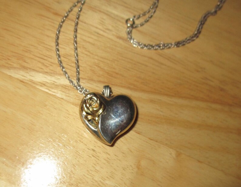 Sterling Puffy Heart Pendant Necklace W Gold Rose 16 6 Grams 30 Long Signed Gorham