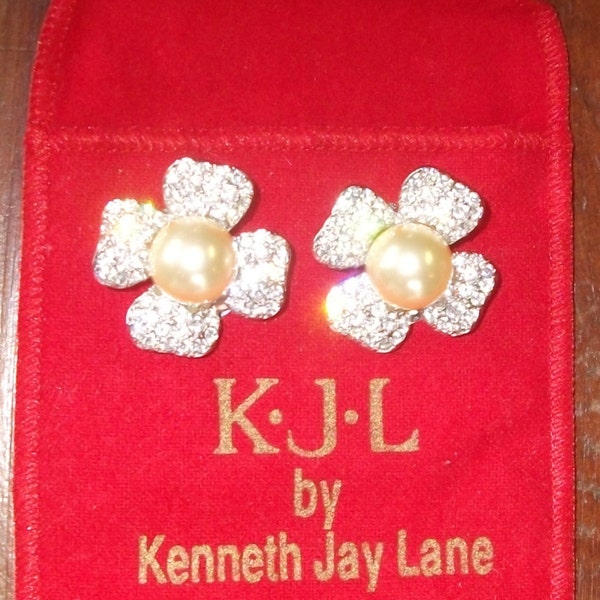 KJL Kenneth J Lane Rhinestone & Huge Pearl Flower CLIP ON Earrings