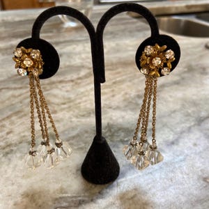 Miriam Haskell Earrings Rhinestone & Crystal Clip On Long Dangle 50’s WOW!