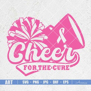 May include: Pink cheerleading megaphone with a pink ribbon and a white pom-pom. The text "Cheer for the Cure" is written in white on a pink banner.