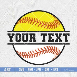 Op de afbeelding: Een softball met rode naden en een gele achtergrond bevindt zich in een zwarte cirkel met een witte rand. De tekst "YOUR TEXT" bevindt zich in een zwart rechthoek met een witte rand.
