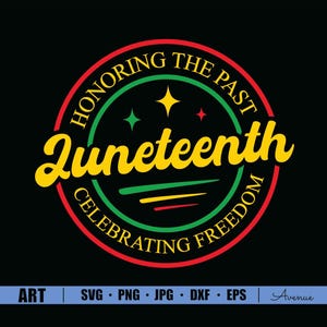 Peut inclure: Graphique circulaire sur fond noir avec le mot "Juneteenth" en écriture jaune. Le design comprend les phrases "Honoring the Past" et "Celebrating Freedom" dans un cercle rouge et vert, avec des étoiles et des lignes.