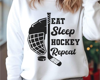 Eat Sleep Hockey Repeat SVG: Hockey Helmet, Stick Design (Digital Download)