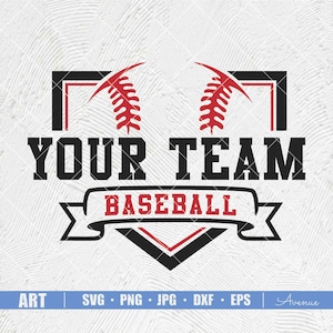May include: Black and red baseball team logo with a home plate, baseball, and the text "YOUR TEAM BASEBALL".