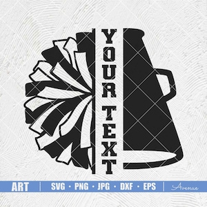 May include: Black and white silhouette of a cheerleader's pom pom and a megaphone with the text "YOUR TEXT" in the center.