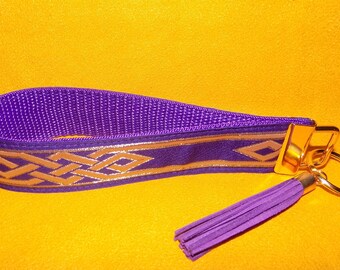 Purple & Mustard Gold Geometric Celtic Knot Jacquard Trim Key Wristlet w/Tassel