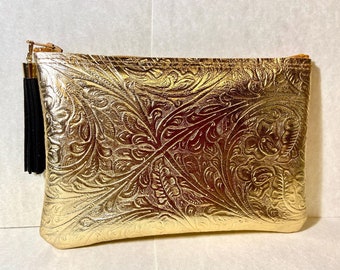 Gold Embossed Genuine LEATHER Zip Clutch Evening Bag w/Tassel Pull