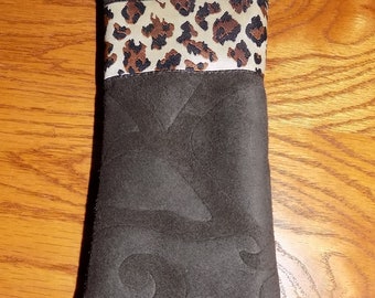 Drk Brown Lamb Suede LEATHER w/Leopard Trim & Lining,Squeeze Frame Eyeglass Pouch