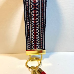 Navy,Red & White Southwest-Tribal Jacquard Trimmed Key Wristlet w/ Tassel and Hook