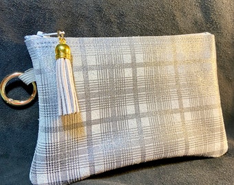 Silver Plaid on Lt.Gray Leather Small Zip Clutch w/Tassel Pull & Gate Ring