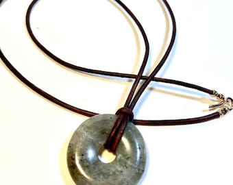 30mm Labradorite Stone Donut on Leather Cord