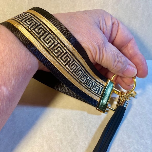 Greek Key Black & Gold 3-Layer Key Wristlet w/Tassel and Hook