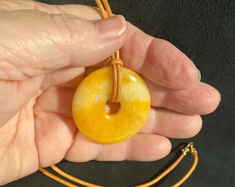 Yellow Jade Stone Donut on 24"Leather Cord