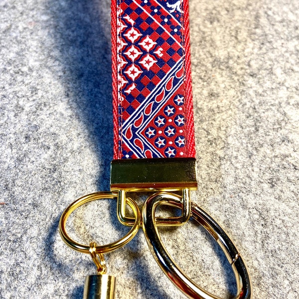 Red,Navy & White Americana Jacquard Key Wristlet w/Tassel and Gate Ring