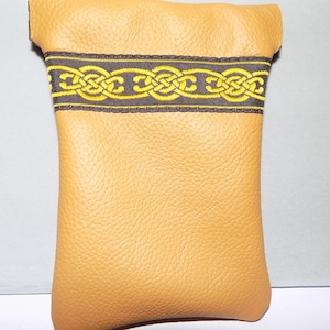 Mustard Color LEATHER Squeeze Pouch w/Jacquard Trim,Business Card Size