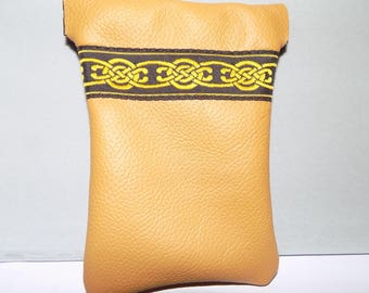 Mustard Color LEATHER Squeeze Pouch w/Jacquard Trim,Business Card Size