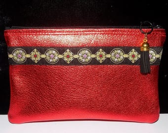 Metallic Red LEATHER Zip Clutch w/Jacquard Trim