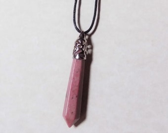 PINK Rhodonite Gem Spire-Point Pendant on 18-20 inch Neck Cord