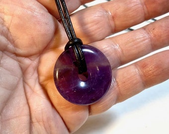 30mm Amethyst Donut Pendant on Neck Leather Cord