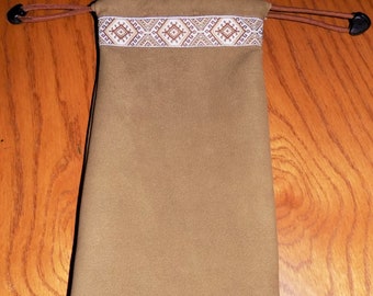 Tan Suede LEATHER Draw Cord General Use Pouch w/Jacquard Trim