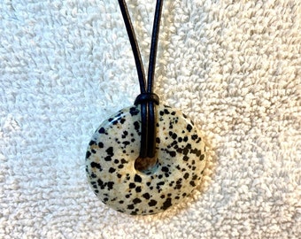 40mm Dalmatian Jasper Pi Stone Donut on Leather Cord