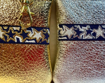 Silver and Gold LEATHER,Pair of Coin Purses w/Stars Trim & Snap Hooks