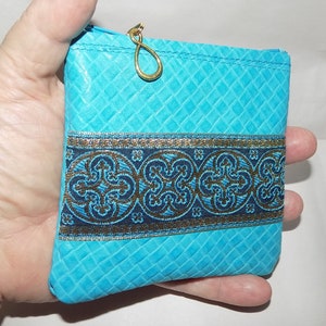 Turquoise, Weave Embossed LEATHER Zip Pouch/Wallet Jacquard Trimmed