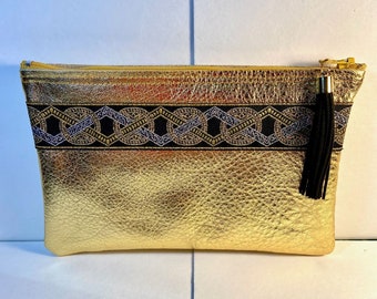 Metallic Gold Soft LEATHER Clutch w/Jacquard Trim & Tassel