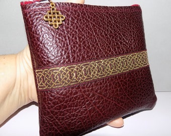 Deep Burgundy LEATHER zip Pouch w/Celtic Jacquard Trim