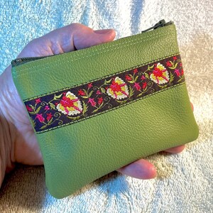 Avocado Green Zip Leather Pouch w/Jacquard Trim