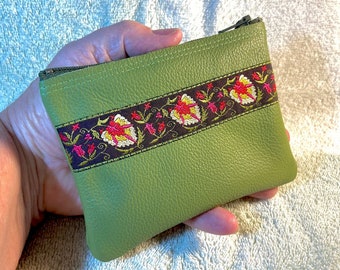 Avocado Green Zip Leather Pouch w/Jacquard Trim